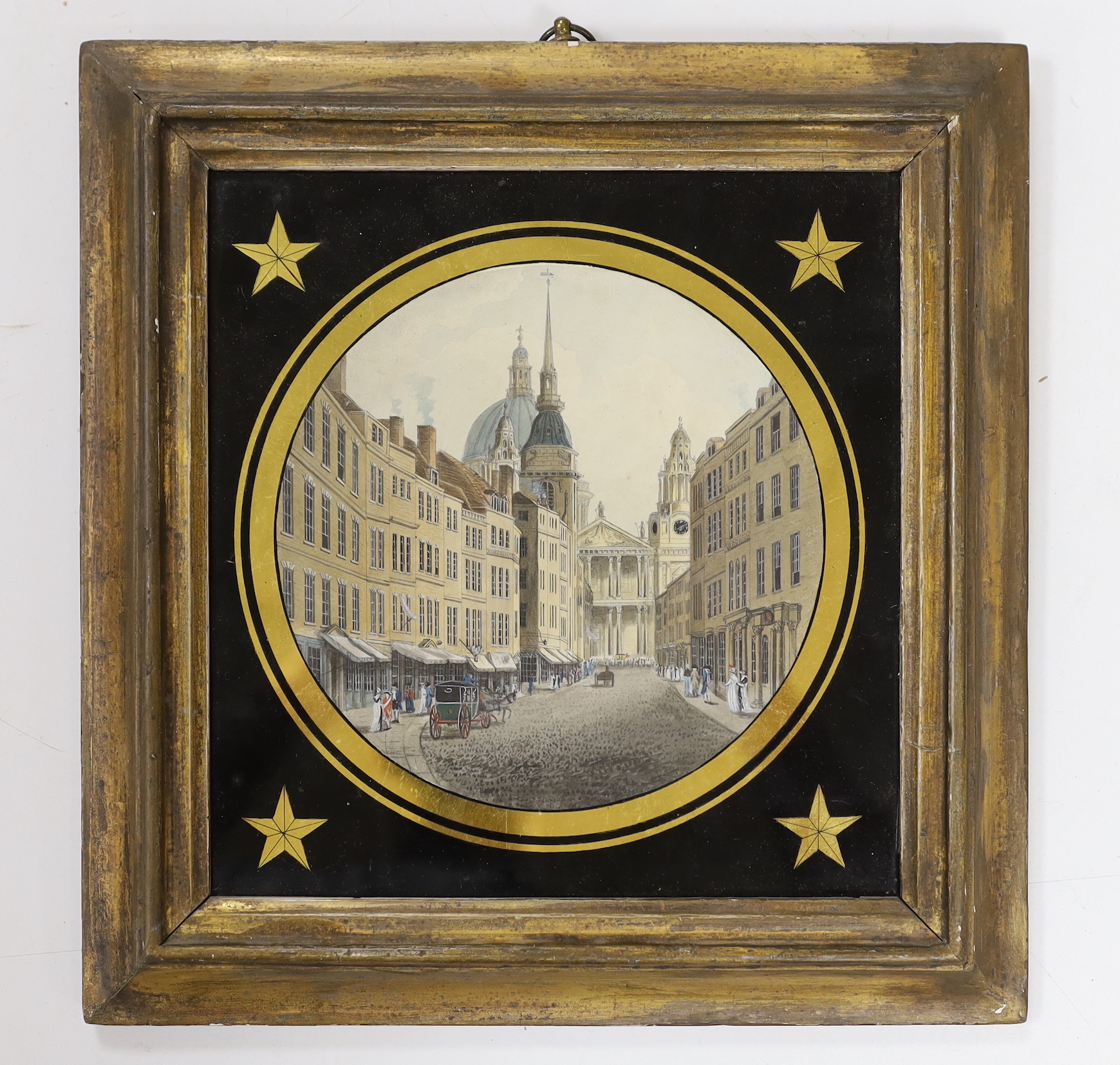 English School, c.1800, watercolour gouache and etching, View of St. Pauls Cathedral from Ludgate, 15cm diameter